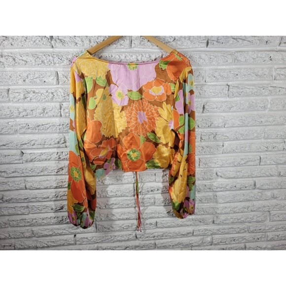 Forever 21 Women Top 1X Plus Crop Boho Festival Orange Floral Tie Front FLO58E - Picture 5 of 8
